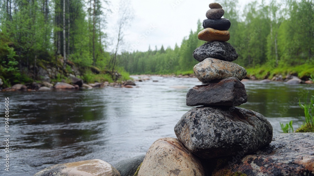 Serene Stones Stacked by a River in Nature Serene Stones Stacked by a River in Nature