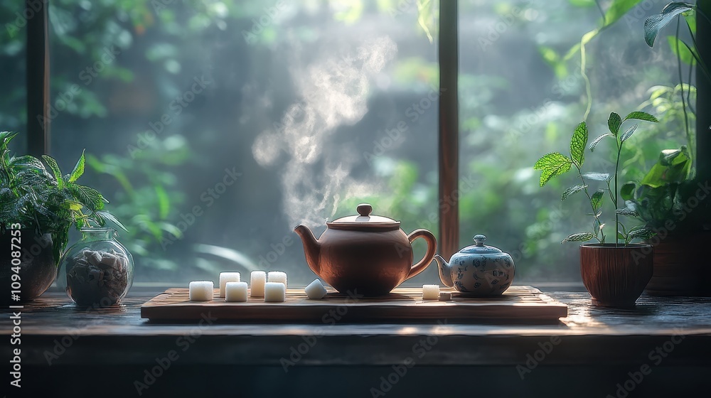 Serene Tea Ceremony Tranquil Morning Tea Time by Window Serene Tea Ceremony Tranquil Morning Tea Time by Window
