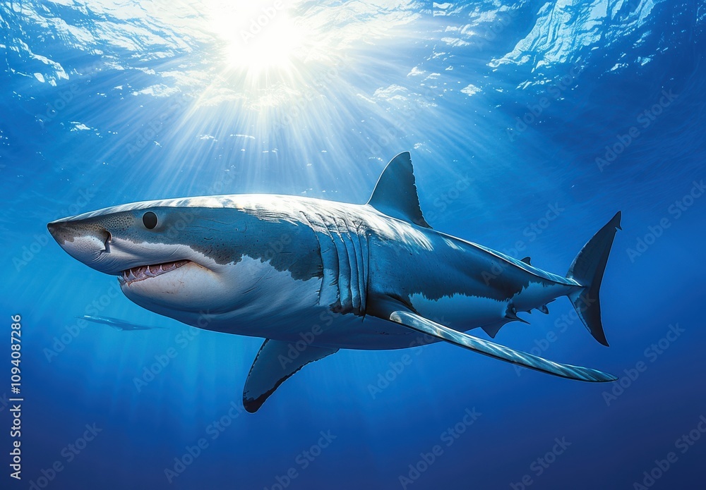 Fototapeta premium Majestic Great White Shark Gliding Through Crystal Clear Ocean Waters Under Radiant Sunlight with Bubbles and Distorted Light Rays Creating an Enchanting Underwater Scene