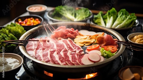 Steaming Hot Pot Filled with Appetizing Vegetables and Meat Ingredients