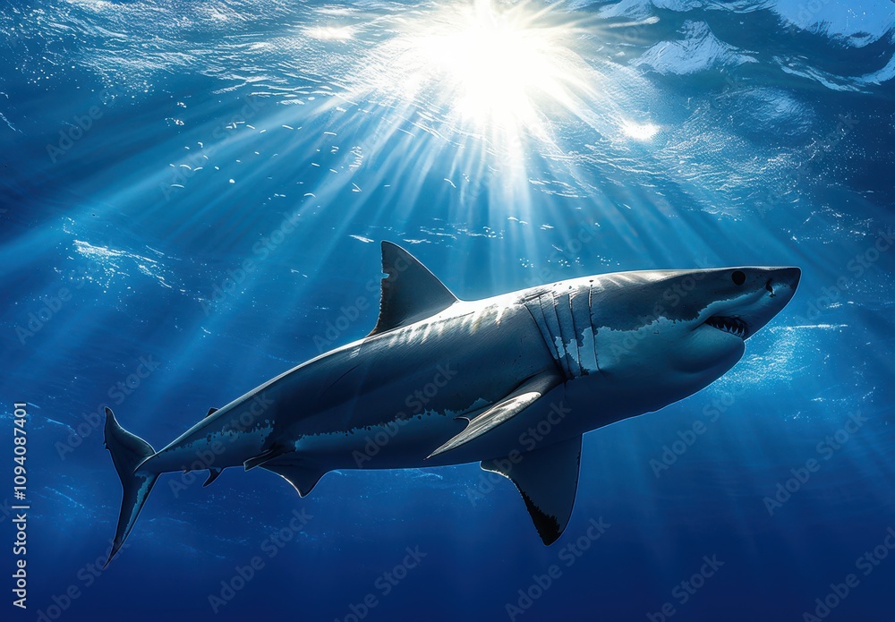 Fototapeta premium Majestic Great White Shark Gliding Through Sunlit Ocean Waters with Rays of Light Filtering Down from Above, Capturing the Beauty of Marine Life in an Underwater Paradise