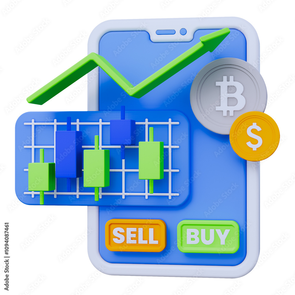 3D Trading App with Financial Profit and bitcoin Illustration