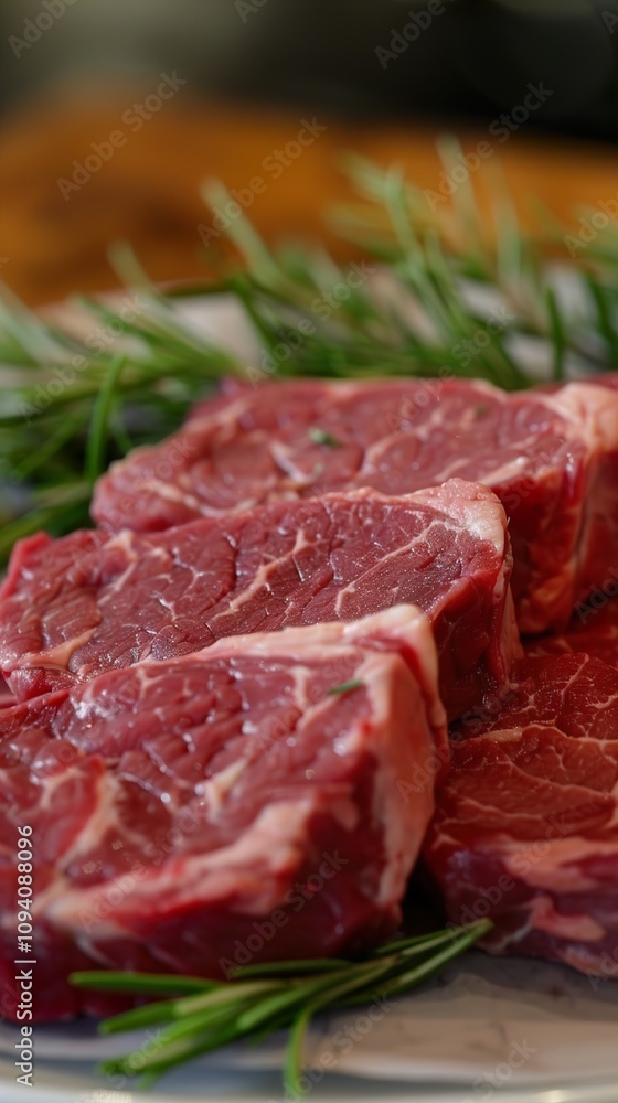 Close-up of Raw Beef Steaks with Fresh Rosemary Close-up of Raw Beef Steaks with Fresh Rosemary
