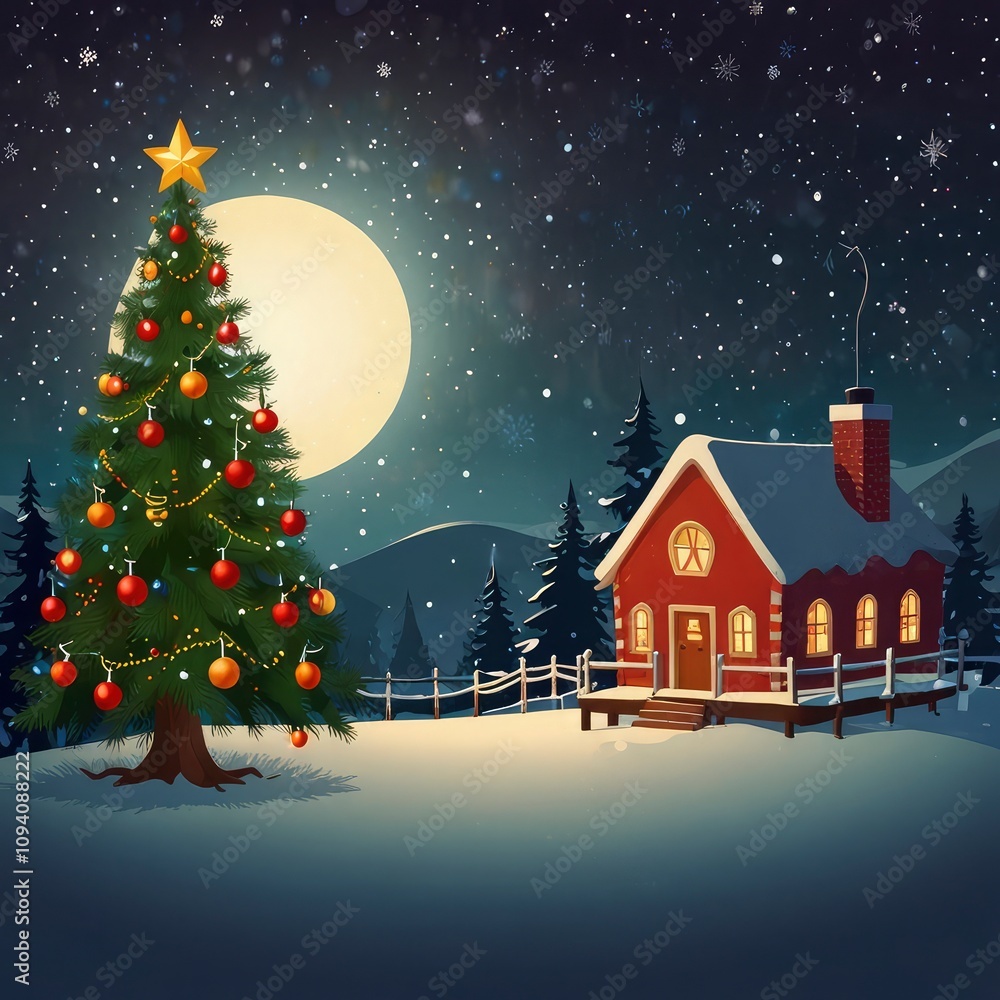 Naklejka premium Christmas house with Christmas tree