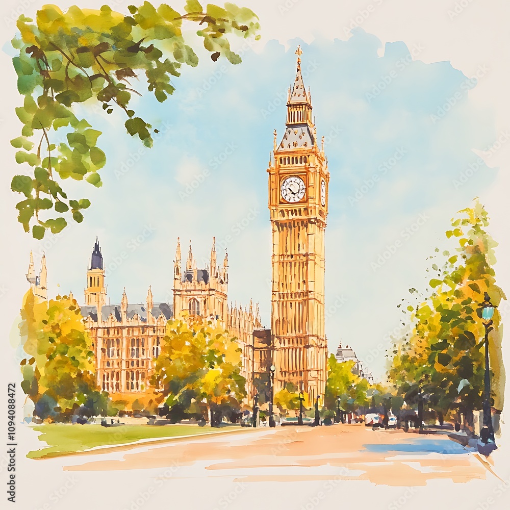 Obraz premium Explore the iconic big ben and its stunning surroundings in this beautiful watercolor artwork