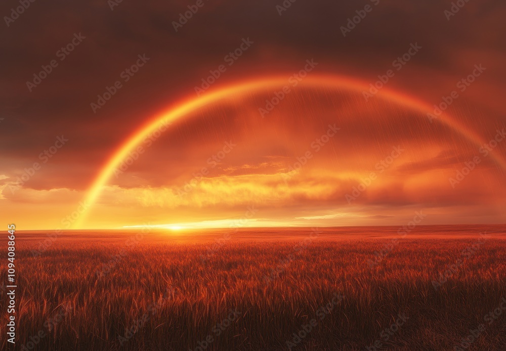 Majestic Rainbow Arching Over a Golden Wheat Field at Sunset Under Dramatic Cloudy Sky with Warm Tones and Natural Beauty, Ideal for Landscape Photography Majestic Rainbow Arching Over a Golden Wheat Field at Sunset Under Dramatic Cloudy Sky with Warm Tones and Natural Beauty, Ideal for Landscape Photography
