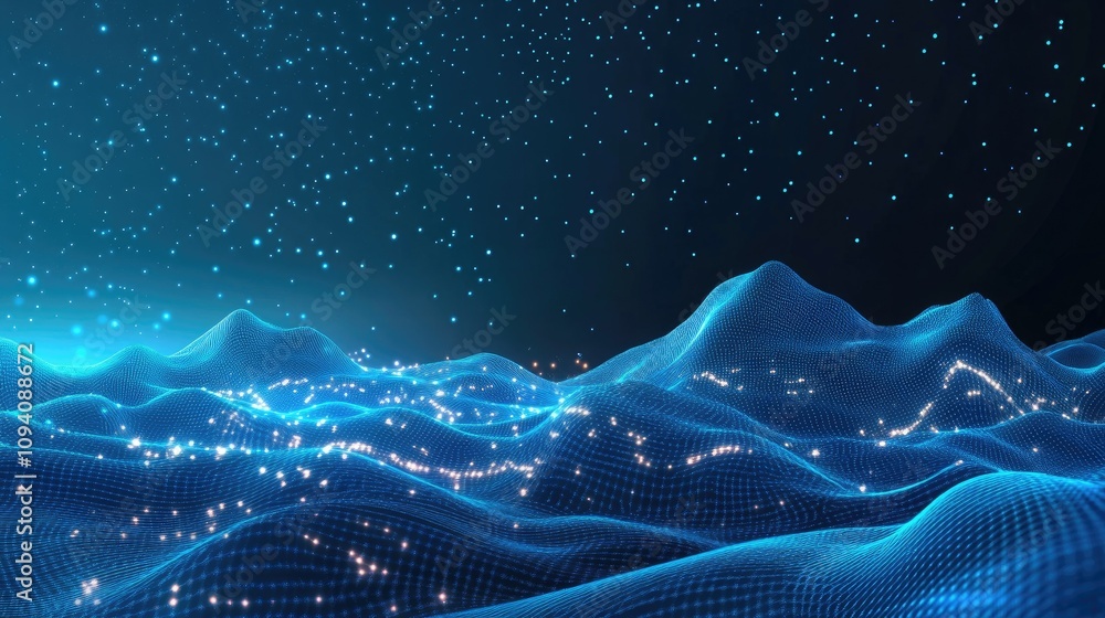 Abstract blue digital landscape with glowing particles. Abstract blue digital landscape with glowing particles.