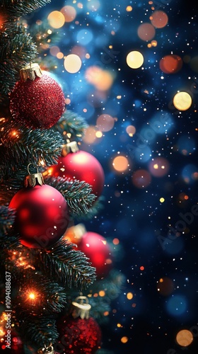 Christmas tree decorated with red ornaments and glowing bokeh lights, creating a festive and magical holiday atmosphere perfect for wallpapers, seasonal posters, and holiday-themed designs.