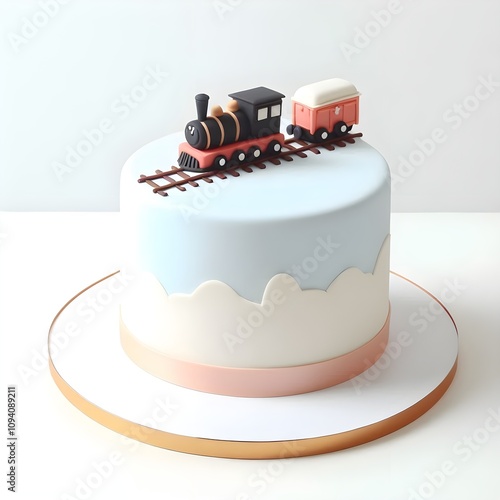minimalist cake with train theme on a white background