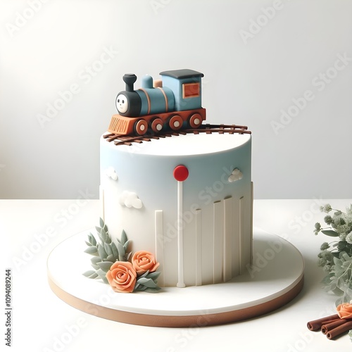 minimalist cake with train theme on a white background
