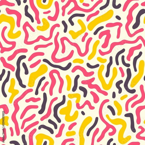 Seamless pattern of playful squiggly lines in soft yellow and pink tones