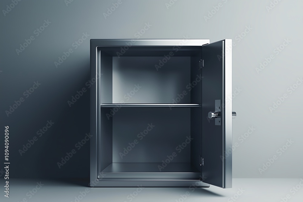 A sleek, metallic safe with an open door, showcasing its empty interior against a minimalist gray backdrop. A sleek, metallic safe with an open door, showcasing its empty interior against a minimalist gray backdrop.