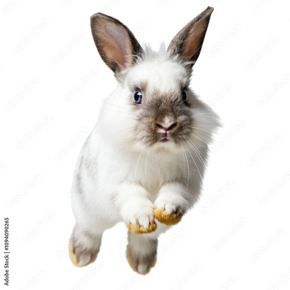 Adorable white rabbit jumping in mid-air. png isolated background. transparent background. Adorable white rabbit jumping in mid-air. png isolated background. transparent background.