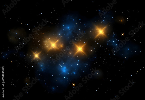 Dark night sky full of stars with bright yellow and blue lights