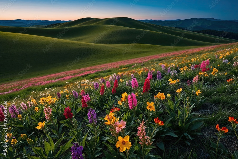 Twilight Scenic View of Spring Meadow with Colorful Flowers and Gentle Hills Twilight Scenic View of Spring Meadow with Colorful Flowers and Gentle Hills