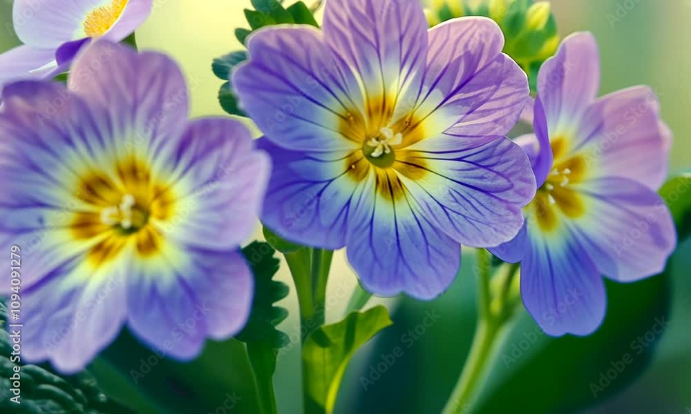 Close-up of delicate light purple primroses with yellow centers, blossoming in a garden. Close-up of delicate light purple primroses with yellow centers, blossoming in a garden.