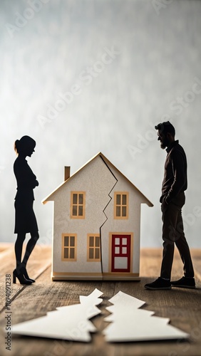 Divided couple facing split house symbolizing divorce and separation