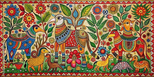 Vibrant Festive Colors and Animal Motifs in Classic Madhubani Painting Background, Celebrating Culture and Tradition with Intricate Patterns and Rich Textures