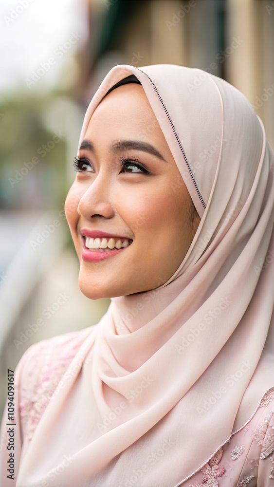Joyful woman in elegant hijab smiling outdoors Joyful woman in elegant hijab smiling outdoors