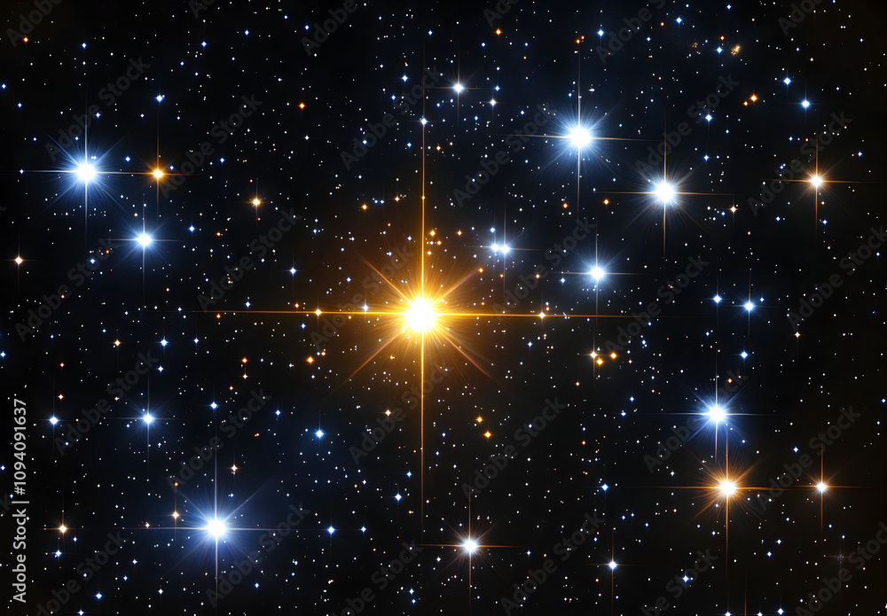 Dark night sky full of stars with bright yellow and blue lights Dark night sky full of stars with bright yellow and blue lights