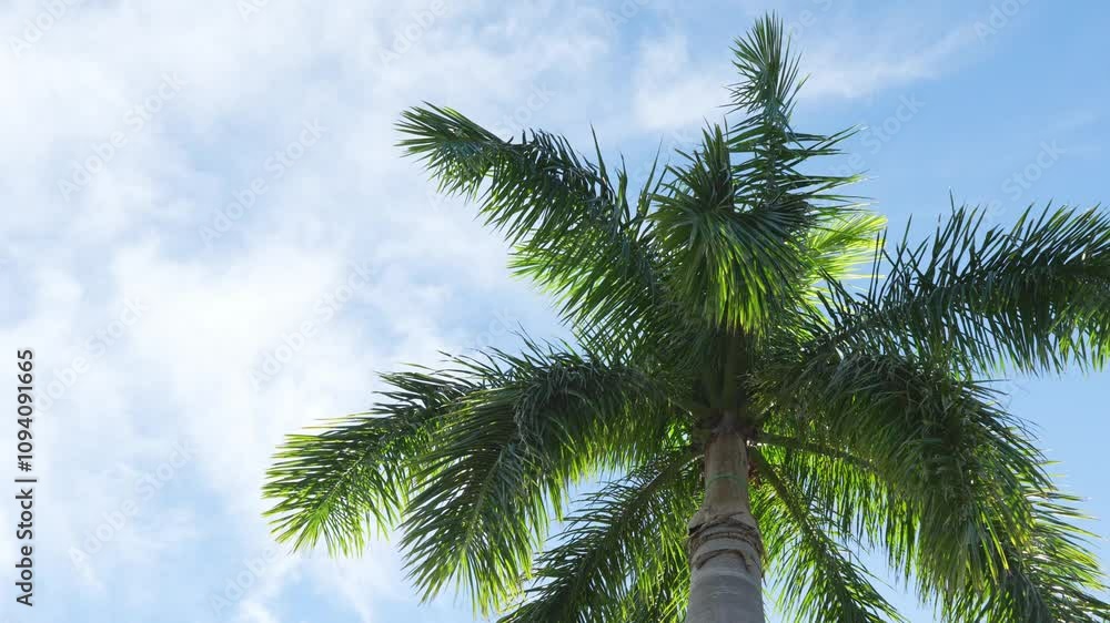 Tropical Palm Tree with Green Leaves on Sunny Summer Day, Blue Sky, White Clouds Tropical Palm Tree with Green Leaves on Sunny Summer Day, Blue Sky, White Clouds