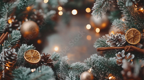 A Christmas border, warm brown tones, a frame of delicate pine branches dusted with a hint of frost, intertwined with burlap ribbon and sprigs of dried eucalyptus. Accents of wooden ornaments photo