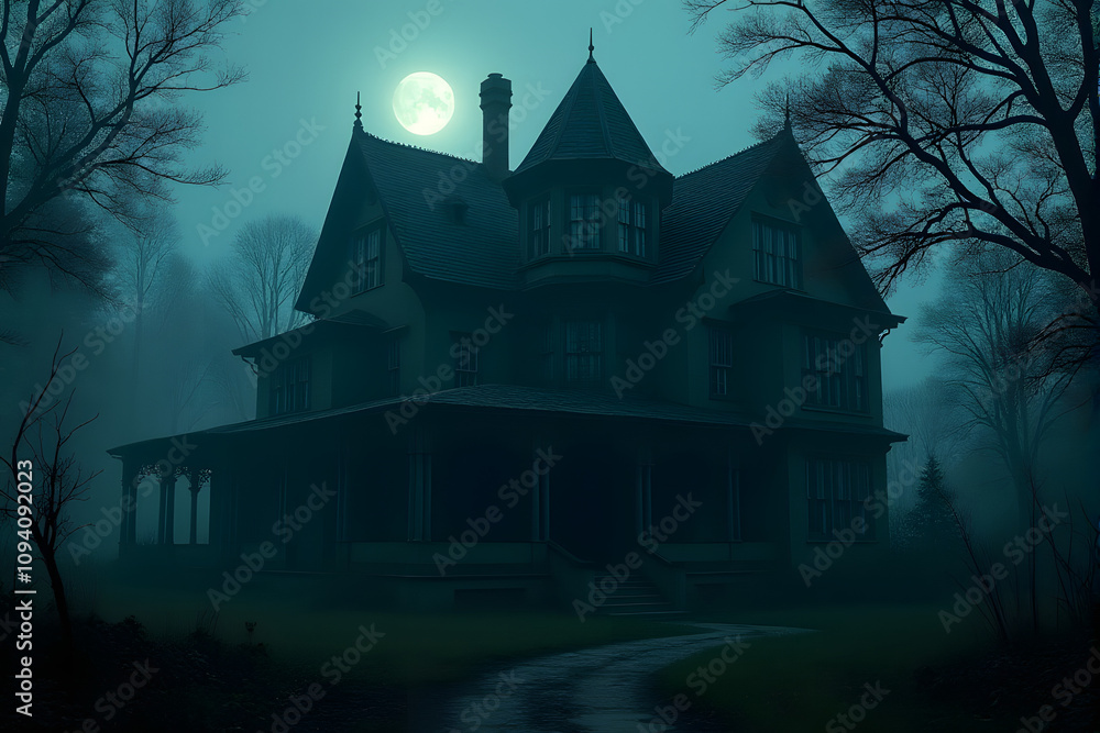 Haunted castle in the woods under the moonlight with spooky trees and a dark sky Haunted castle in the woods under the moonlight with spooky trees and a dark sky