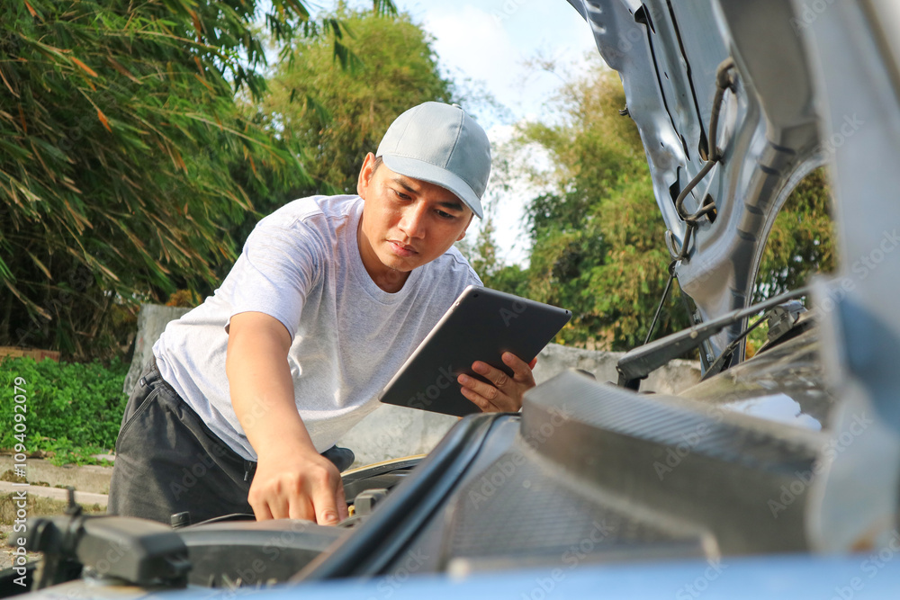 A young mechanic opens the hood of a car to check for engine damage and perform professional maintenance. He wears a grey uniform and inspects and repairs his car in the maintenance center. A young mechanic opens the hood of a car to check for engine damage and perform professional maintenance. He wears a grey uniform and inspects and repairs his car in the maintenance center.