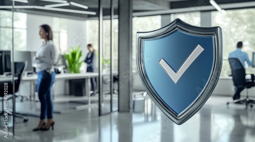 infographics of compliance shield with check mark, corporate blue and silver ...