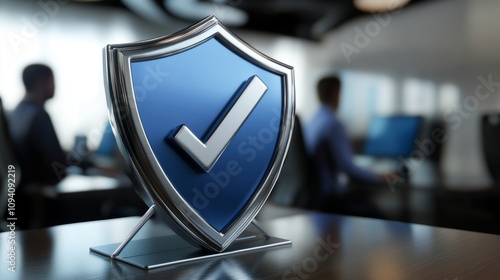 infographics of compliance shield with check mark, corporate blue and silver ...