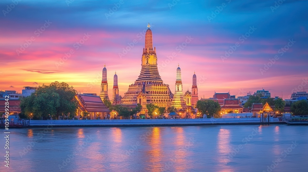 Close up of the famous Buddhist Temple Wat Arun at dusk with boat traffic on the Chao Phraya River, Bangkok, Thailand. Ai generated image Close up of the famous Buddhist Temple Wat Arun at dusk with boat traffic on the Chao Phraya River, Bangkok, Thailand. Ai generated image