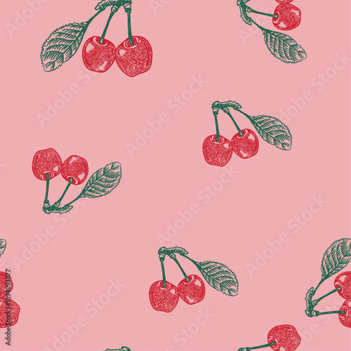 Hand drawn cherry Patterns. Fruit Print Design, Sweet Cherry Prints. Seamless Patter Design. summer fruit design. cherry background, t shirt, sweatshirt, girls, women's design