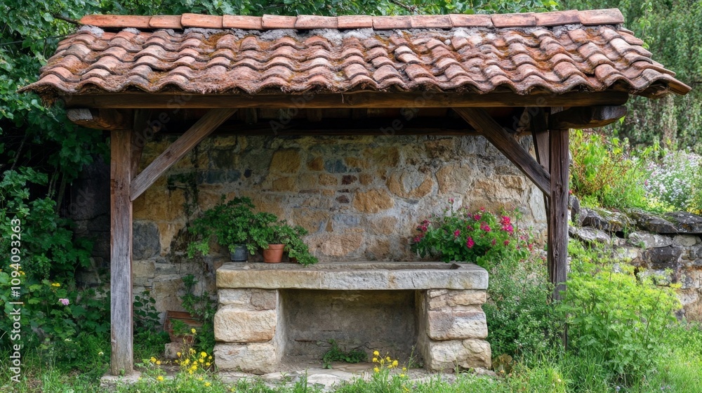 Rustic Stone Structure in a Garden Setting Rustic Stone Structure in a Garden Setting