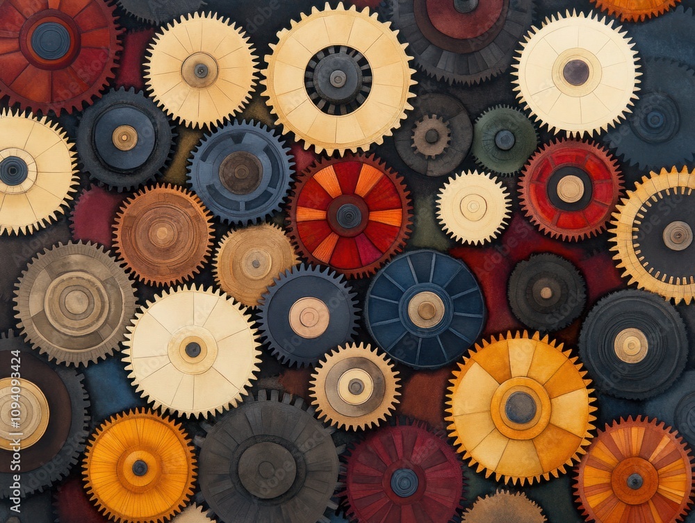 A Vibrant Collection of Colored Gears on a Background, Showcasing Various Shapes and Sizes, Perfect for Representing Mechanism, Industry, and Creativity in Design Projects A Vibrant Collection of Colored Gears on a Background, Showcasing Various Shapes and Sizes, Perfect for Representing Mechanism, Industry, and Creativity in Design Projects