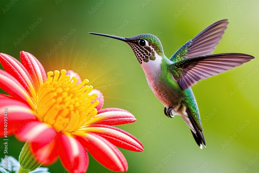 Fototapeta premium Hummingbird Hovering by Vibrant Flower Representing Energy and Vitality