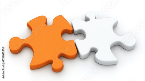 Two Interlocking Puzzle Pieces in Orange and White, Symbolizing Cooperation, Teamwork, and Problem Solving, Ideal for Representations of Collaboration and Connection