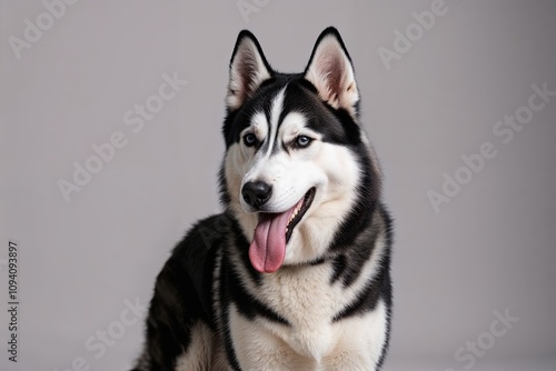 Playful Black and White Husky Dog Sticking Tongue Out in Studio Setting