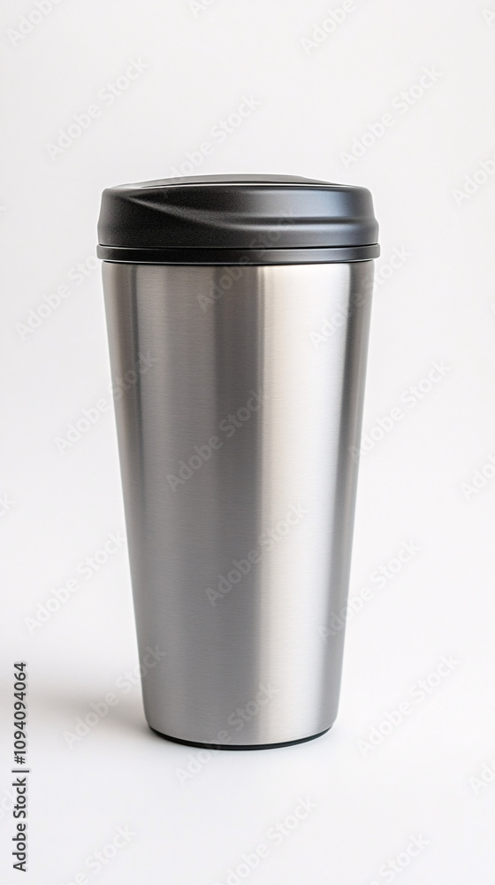 stainless steel travel mug with black lid isolated on white background stainless steel travel mug with black lid isolated on white background