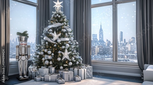 Elegant Winter Holiday Scene with Christmas Tree photo