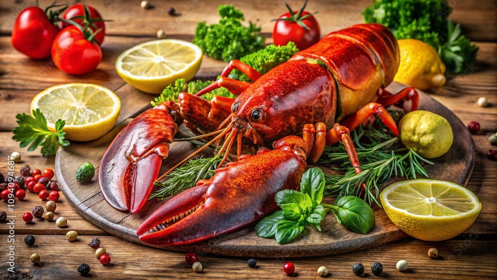 Vibrant Lobster Feast Display on a Rustic Wooden Table with Fresh Ingredients and Herbs, Capturing the Essence of Seafood Dining and Culinary Delights in High Depth of Field Photography Vibrant Lobster Feast Display on a Rustic Wooden Table with Fresh Ingredients and Herbs, Capturing the Essence of Seafood Dining and Culinary Delights in High Depth of Field Photography