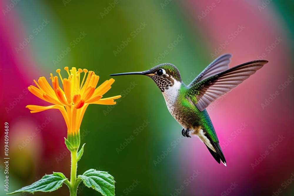 Fototapeta premium Hummingbird Hovering by Vibrant Flower Representing Energy and Vitality
