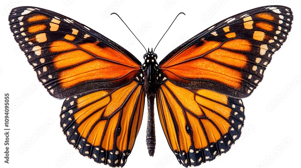 Fototapeta premium Stunning and Vibrant Monarch Butterfly with Detailed and Patterned Wings Isolated on a Clean White Background Leaving Ample Copy Space for Design or Graphic Elements