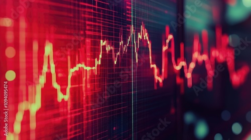 Abstract stock market data on screen, showing red and yellow lines and grid.