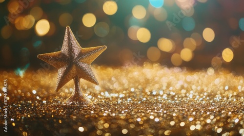 Sparkling Golden Star Decoration on Glittering Surface Against a Blurred Colorful Background, Perfect for Celebrations and Festive Occasions photo