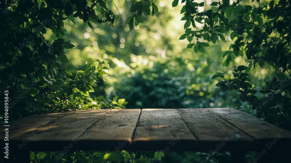 Natural serenity wooden table amidst lush greenery outdoor setting nature photography tranquil environment close-up perspective Natural serenity wooden table amidst lush greenery outdoor setting nature photography tranquil environment close-up perspective