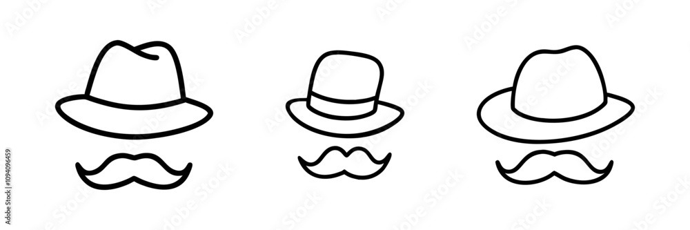 Outline drawing of a hat with a mustache, symbolizing style or masculinity. Outline drawing of a hat with a mustache, symbolizing style or masculinity.