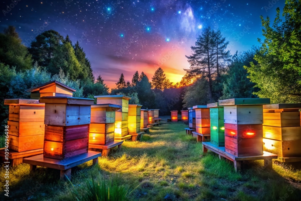 Vibrant Night Photography of Colorful Bee Hives Illuminated by Moonlight, Capturing the Intricate Details and Textures of Nature’s Ingenious Insect Homes