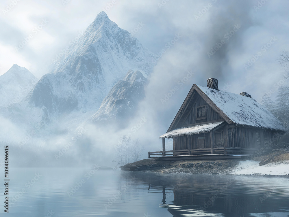 Fototapeta premium Winter mountain cabin reflected icy river snow peaks serene alpine landscape calm lake cozy log home peaceful retreat frost tree scenery, artistic painting seasonal atmosphere, tranquil photography