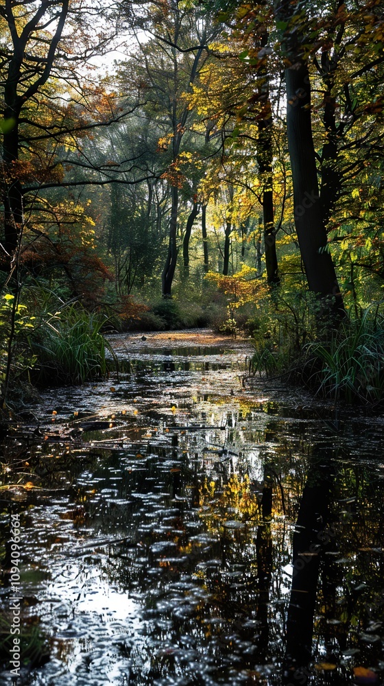 Obraz premium Tranquil Forest Pond with Autumn Reflections