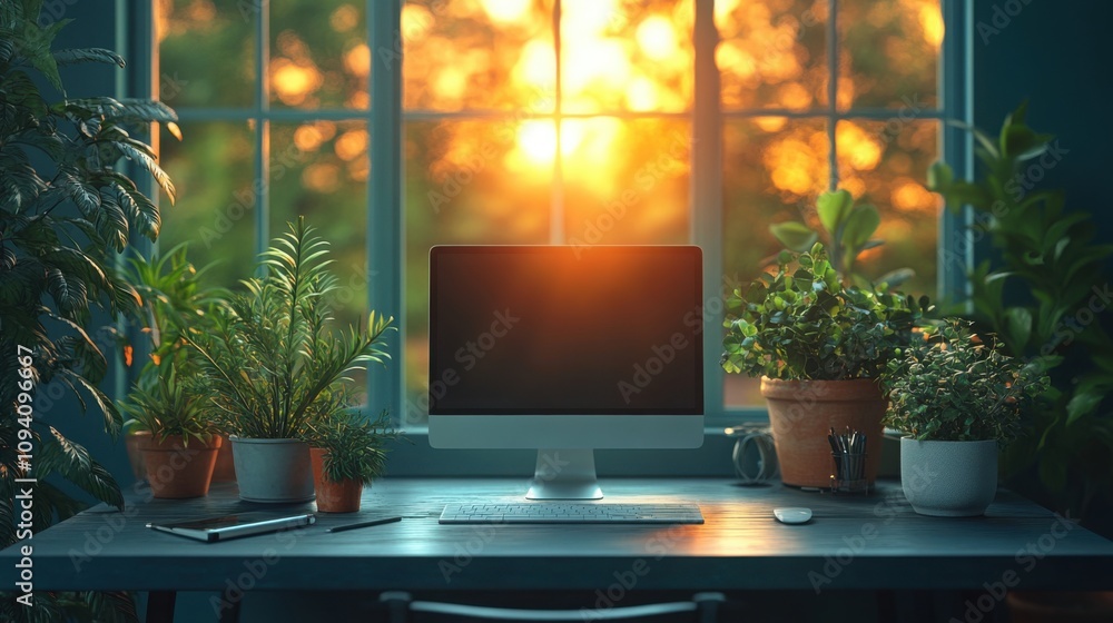 Modern minimalist workspace setup with desk and laptop Modern minimalist workspace setup with desk and laptop